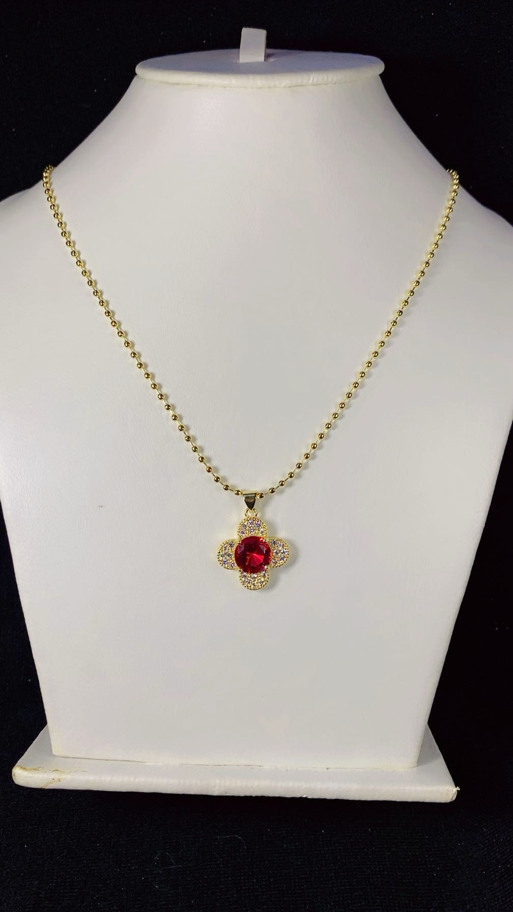 Ruby Red Crystal Four-Leaf Clover Ball Chain Necklace – 18K Gold Plated Gemstone