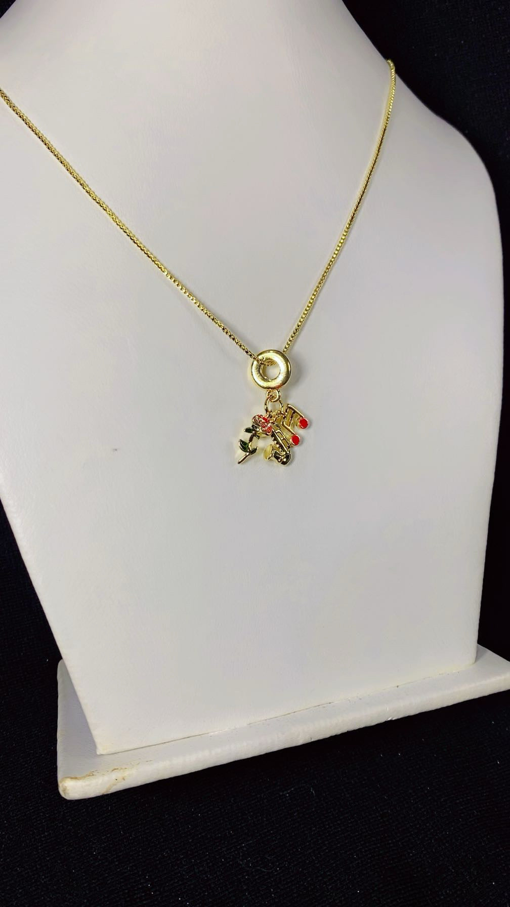 Musical Saxophone & Rose Multi-Charm Pendant Necklace – 18K Gold Plated