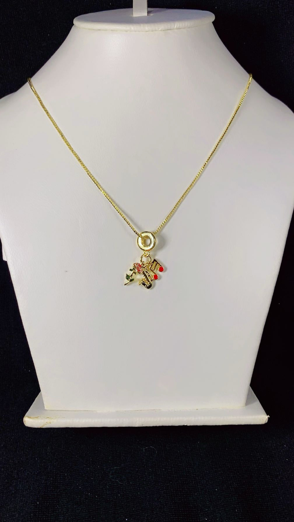 Musical Saxophone & Rose Multi-Charm Pendant Necklace – 18K Gold Plated