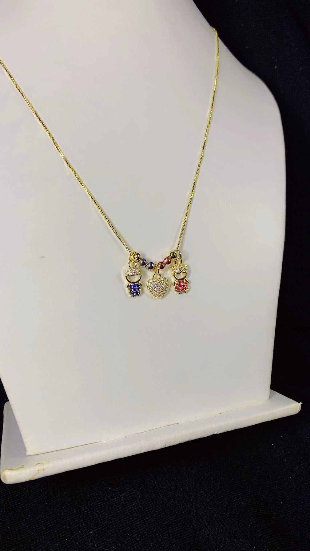 Boy, Girl & Paved Heart Multi-Charm Pendant Necklace – 18K Gold Plated Beaded Chain