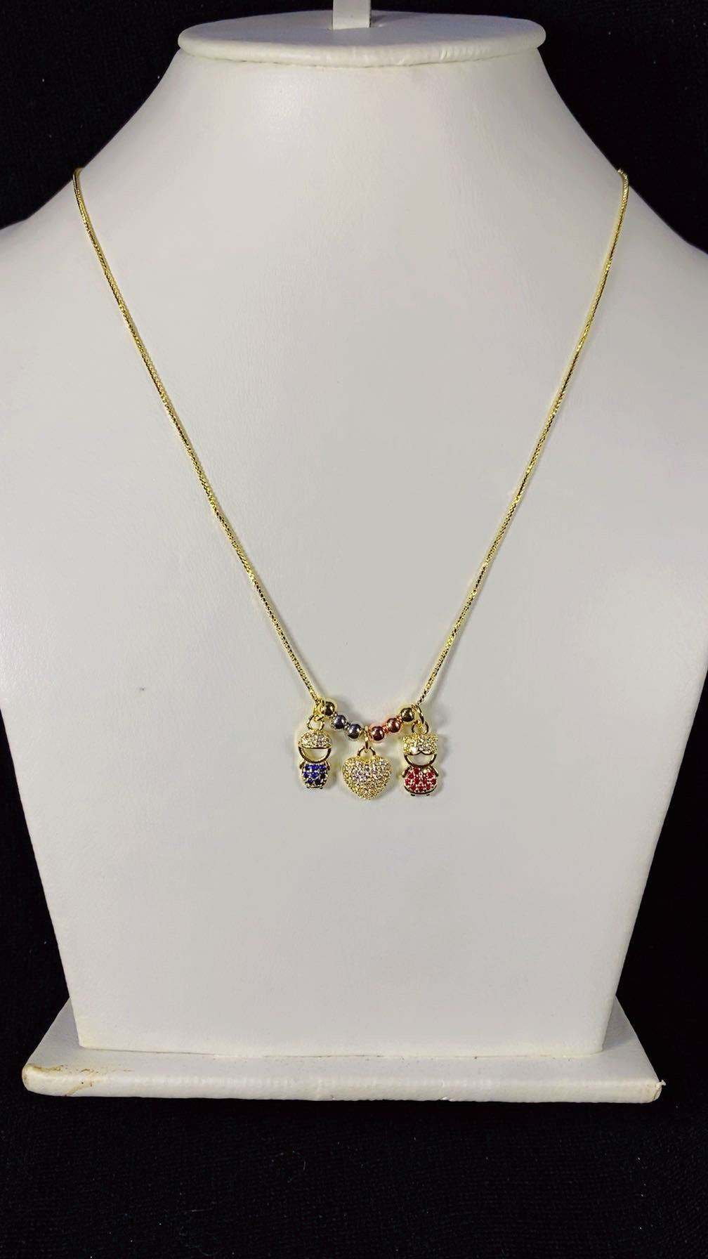 Boy, Girl & Paved Heart Multi-Charm Pendant Necklace – 18K Gold Plated Beaded Chain