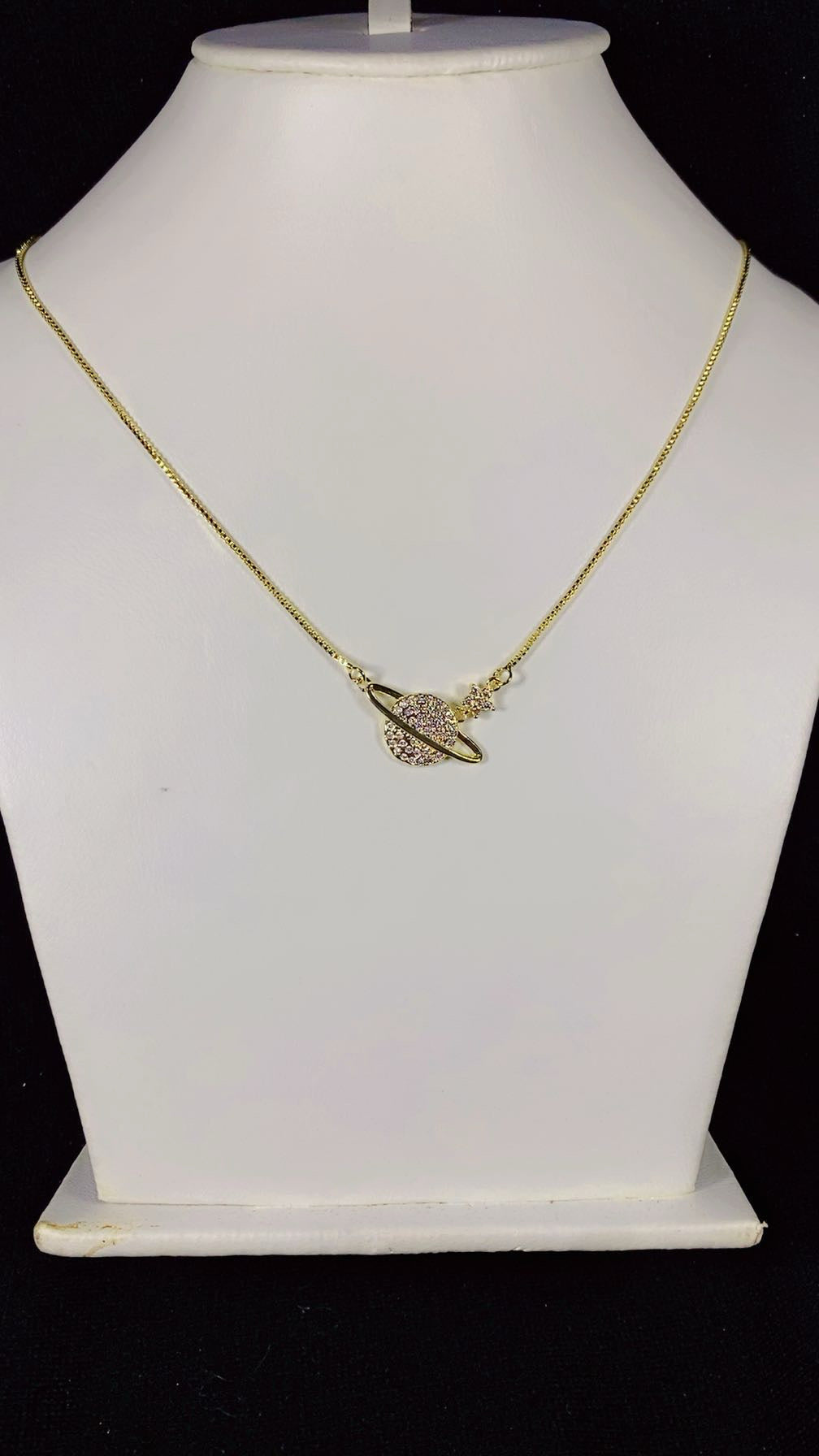 Celestial Saturn Planet & Star Zircon Necklace – 18K Gold Plated
