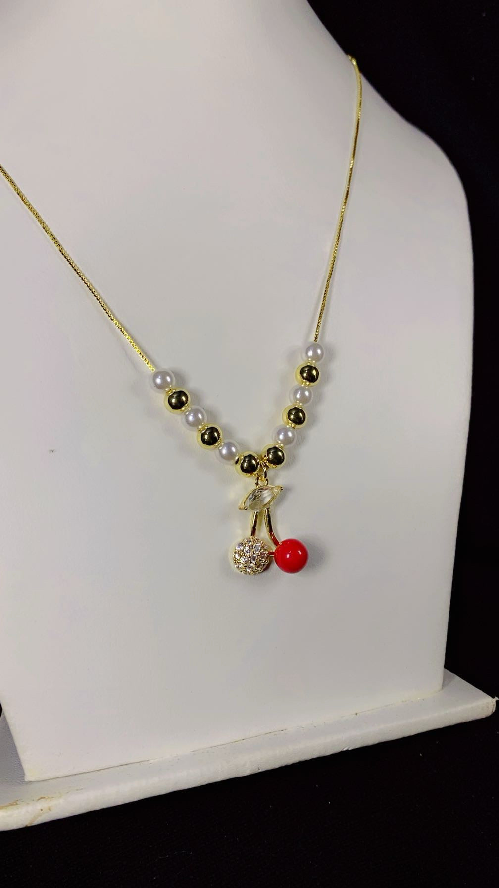 Sweet Double Cherry Crystal & Pearl Pendant Necklace – 18K Gold Plated Beaded Chain