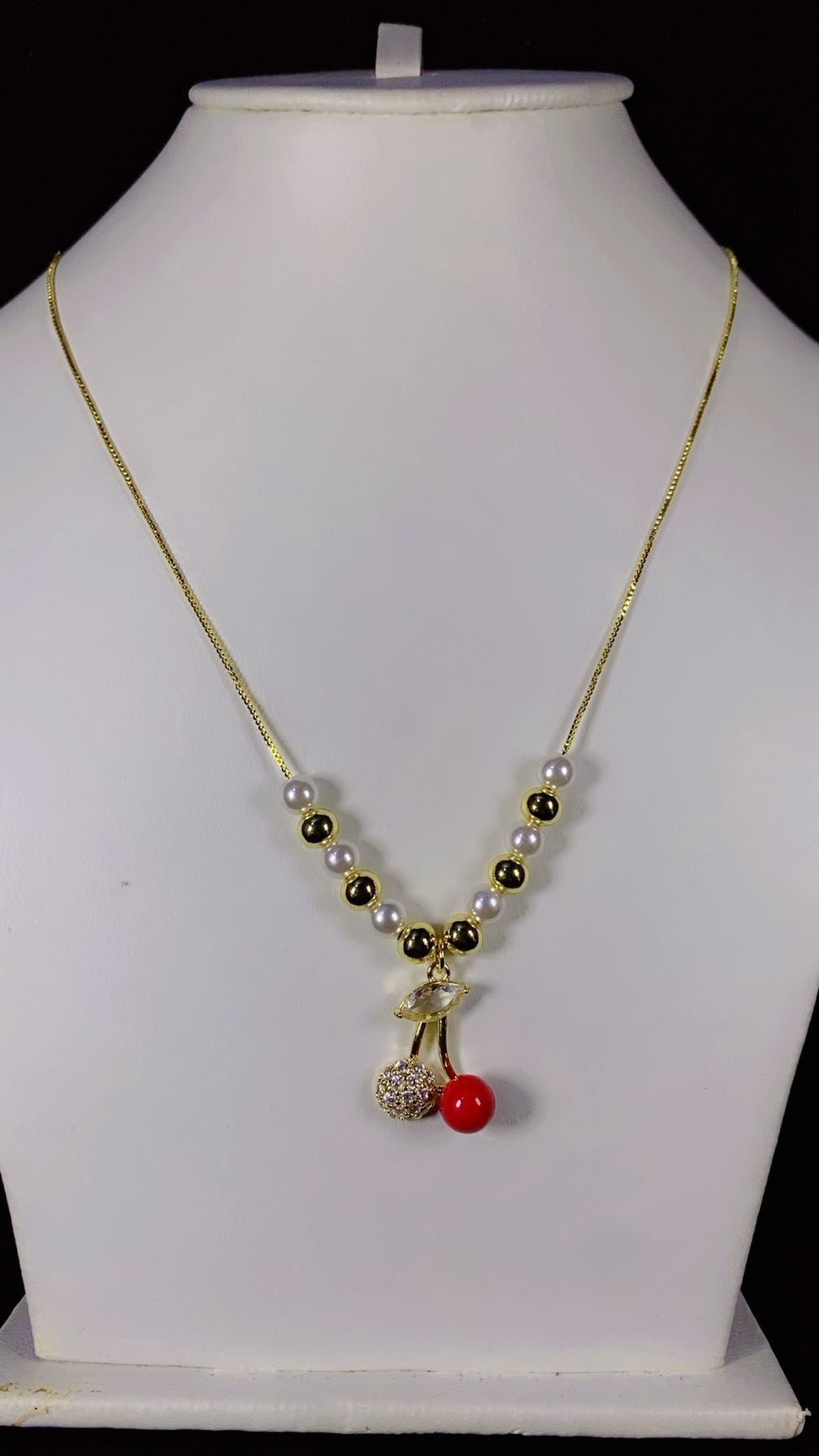 Sweet Double Cherry Crystal & Pearl Pendant Necklace – 18K Gold Plated Beaded Chain