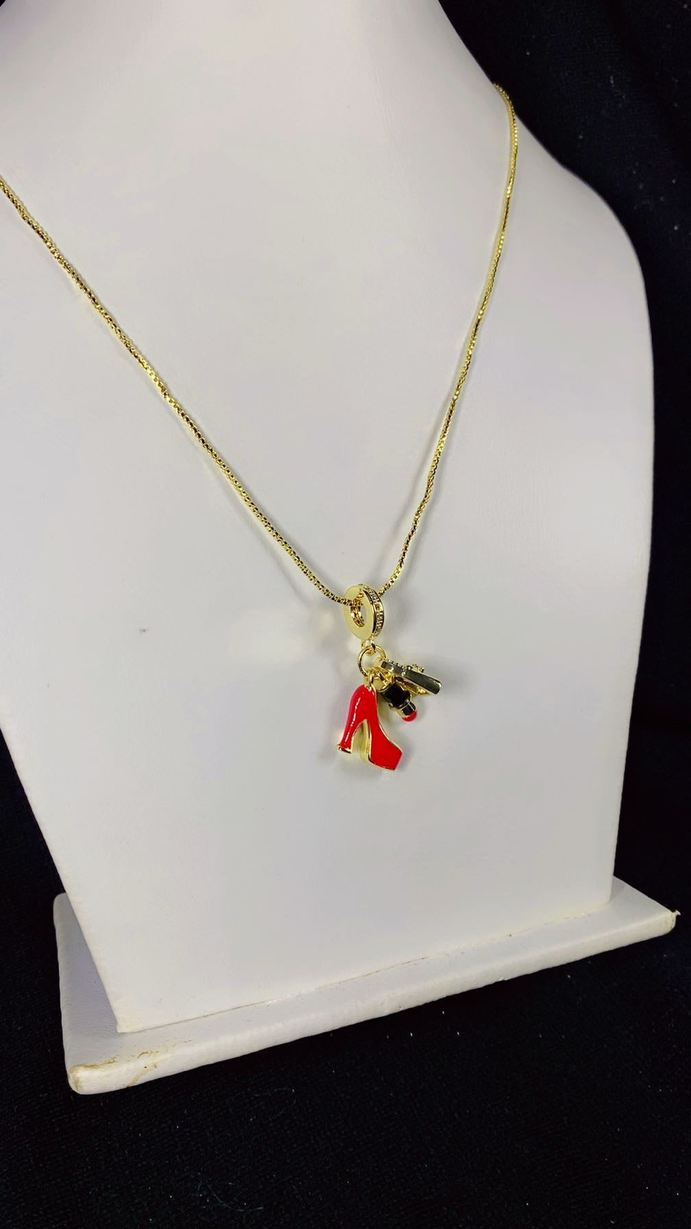Chic Red High Heel, Lipstick & Handbag Multi-Charm Pendant Necklace