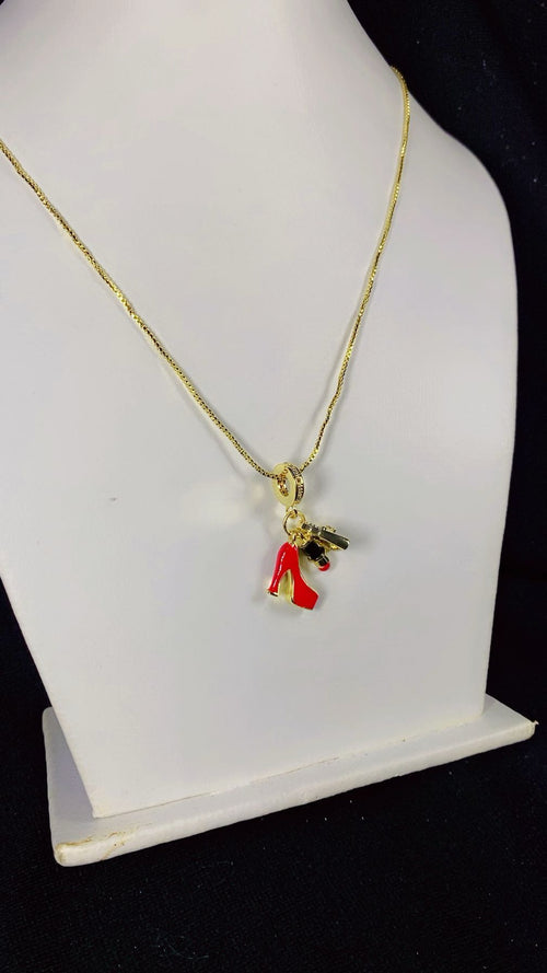 Chic Red High Heel, Lipstick & Handbag Multi-Charm Pendant Necklace