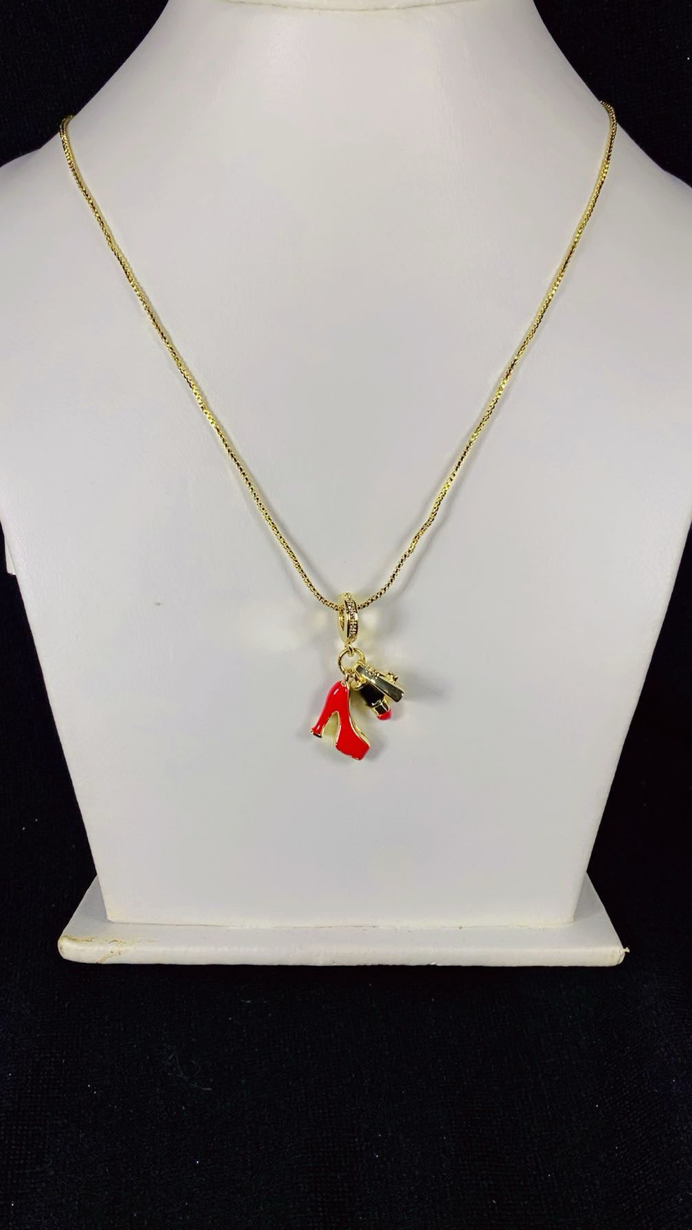 Chic Red High Heel, Lipstick & Handbag Multi-Charm Pendant Necklace