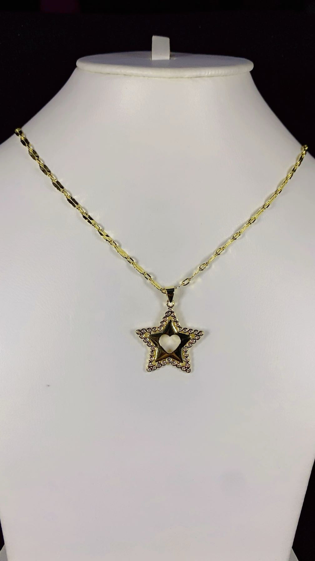 Heart-Cutout Star Crystal Pendant Necklace – 18K Gold Plated Celestial
