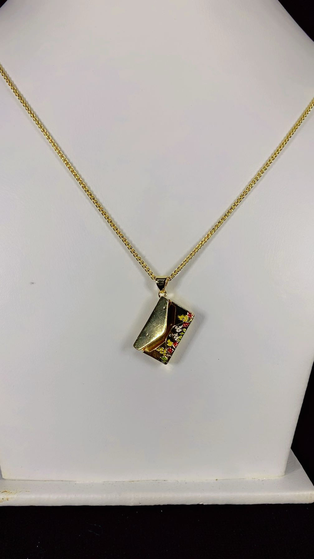 Floral Enamel Envelope Locket Pendant Necklace – 18K Gold Plated Secret Message