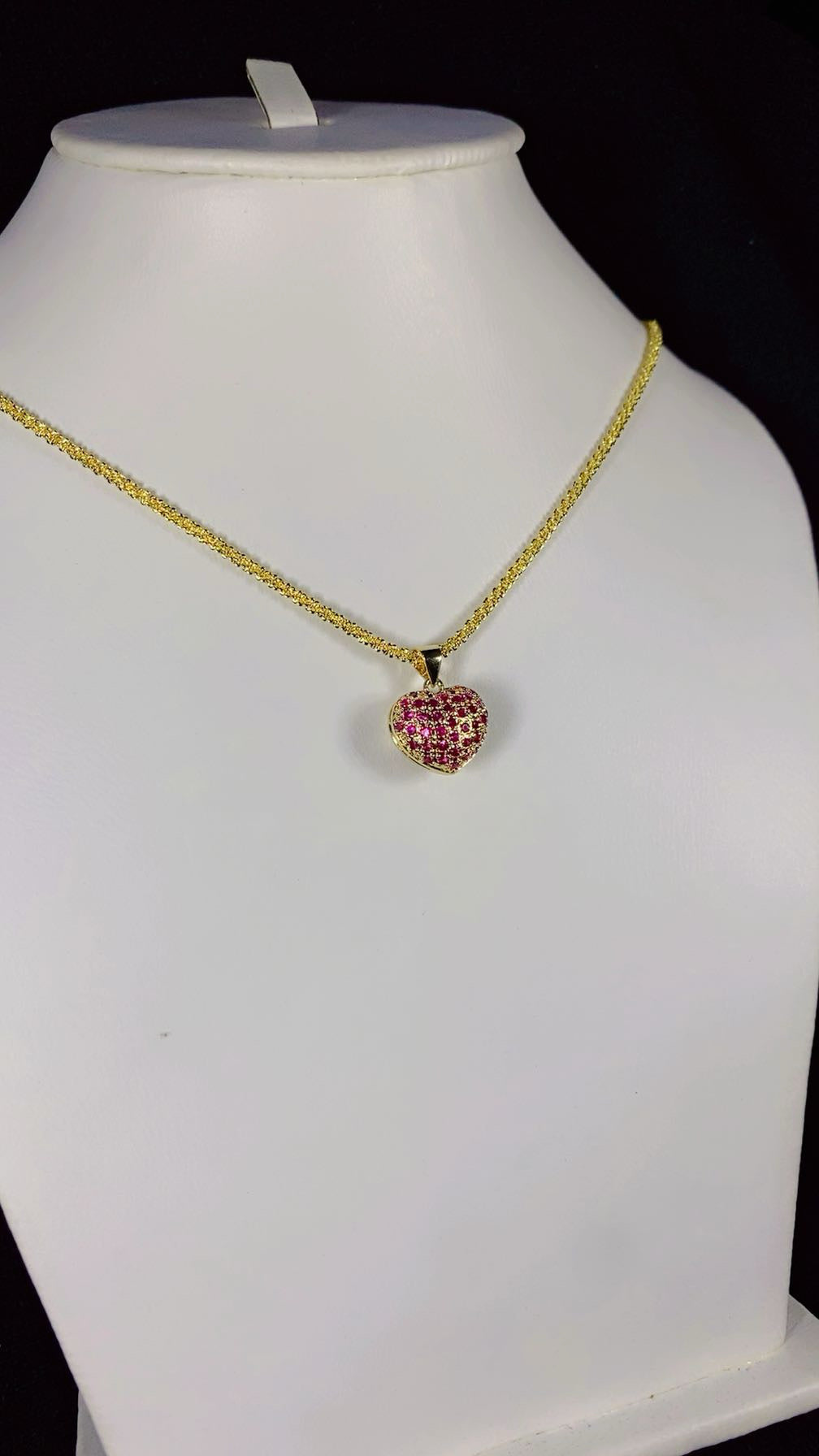 Ruby Red Puffed Heart Pendant Necklace – 18K Gold Plated Gemstone