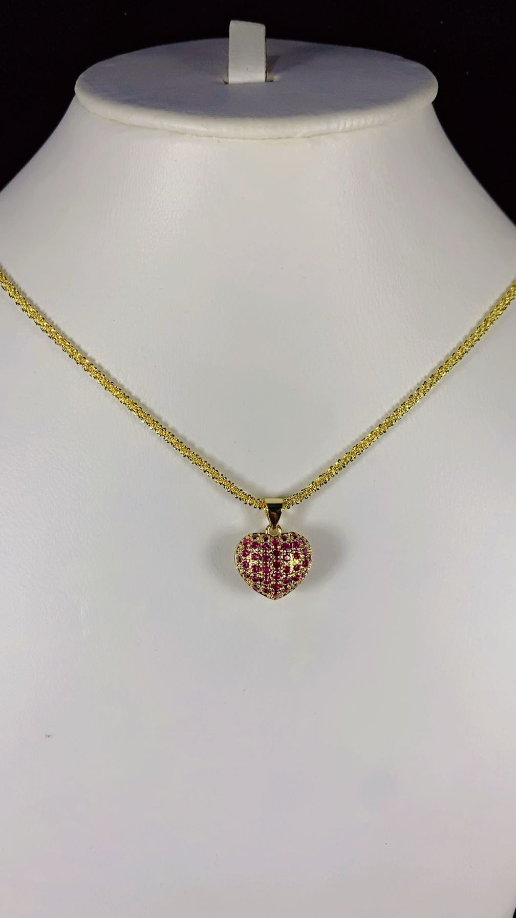 Ruby Red Puffed Heart Pendant Necklace – 18K Gold Plated Gemstone