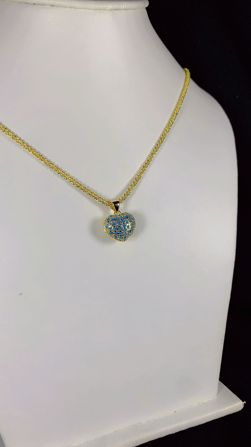 Turquoise Blue Puffed Heart Pendant Necklace – 18K Gold Plated Gemstone