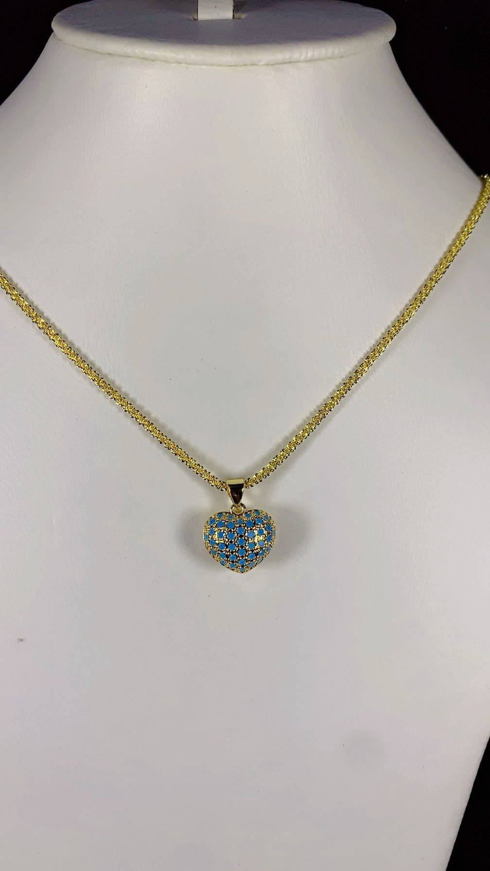 Turquoise Blue Puffed Heart Pendant Necklace – 18K Gold Plated Gemstone