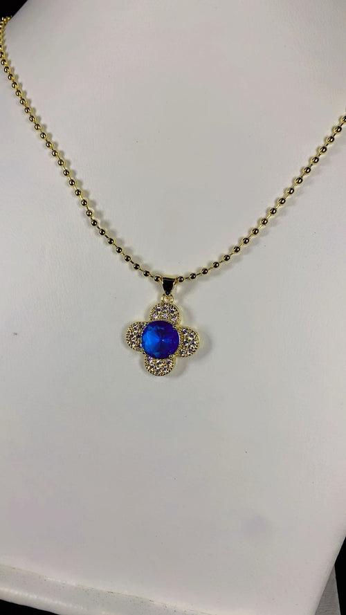 Blue Crystal Four-Leaf Clover Ball Chain Necklace – 18K Gold Plated Gemstone