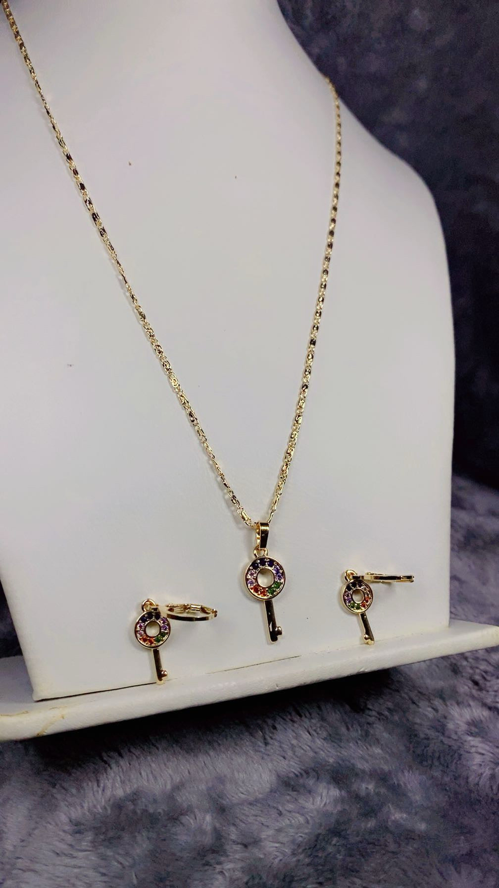 Rainbow Zircon Key Pendant Necklace & Matching Earrings Set – 18K Gold Plated Jewelry Set