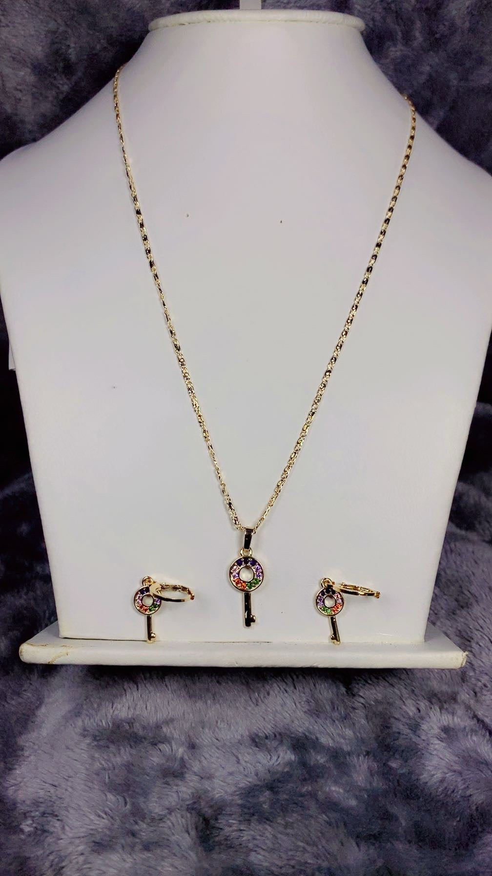 Rainbow Zircon Key Pendant Necklace & Matching Earrings Set – 18K Gold Plated Jewelry Set