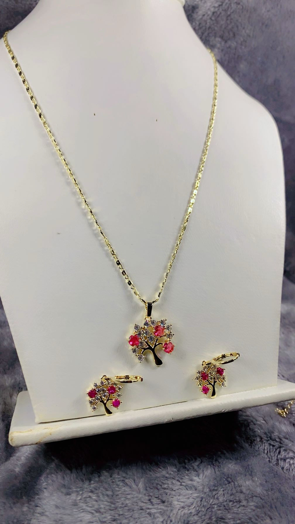 Ruby Red & Clear Zircon Tree of Life Pendant Necklace & Matching Earrings Set