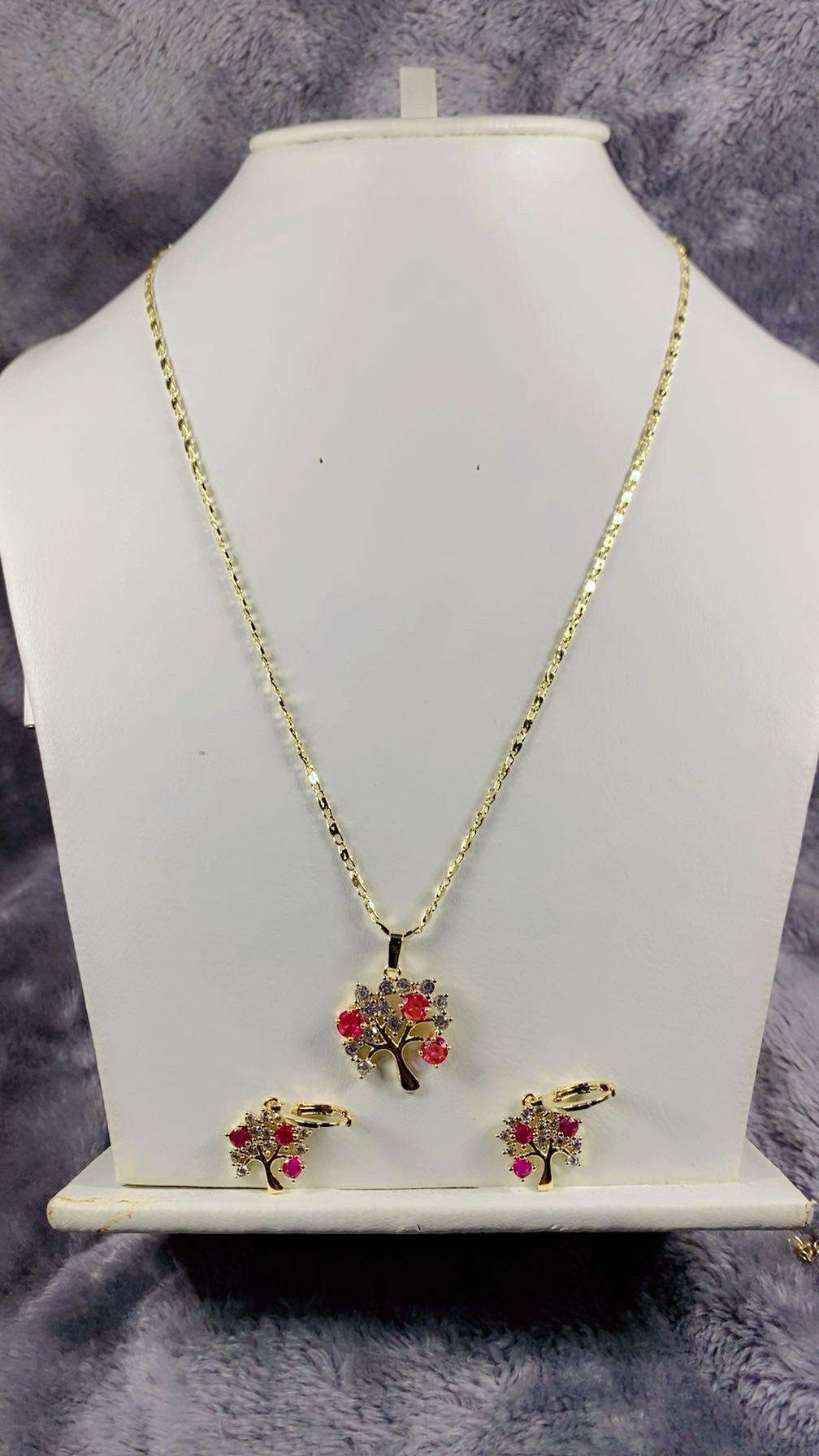 Ruby Red & Clear Zircon Tree of Life Pendant Necklace & Matching Earrings Set