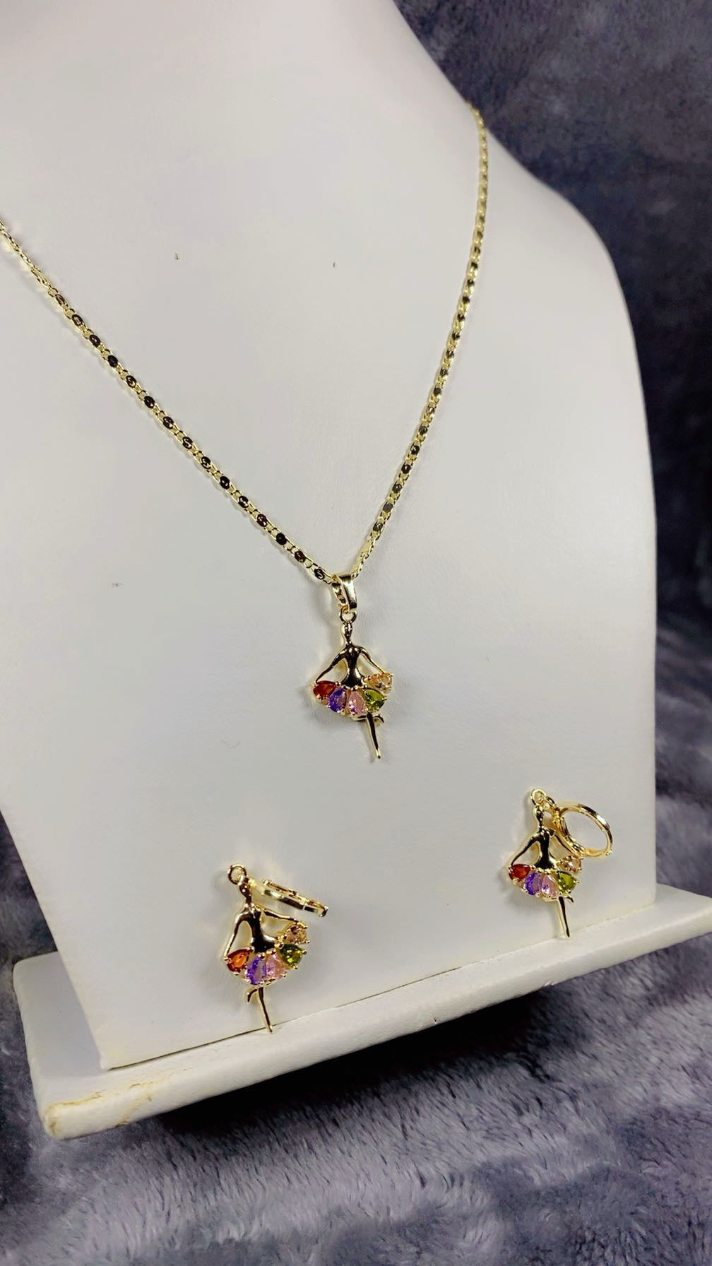 Gold-Plated Multi-Color Zircon Ballerina Pendant Necklace and Earring Set