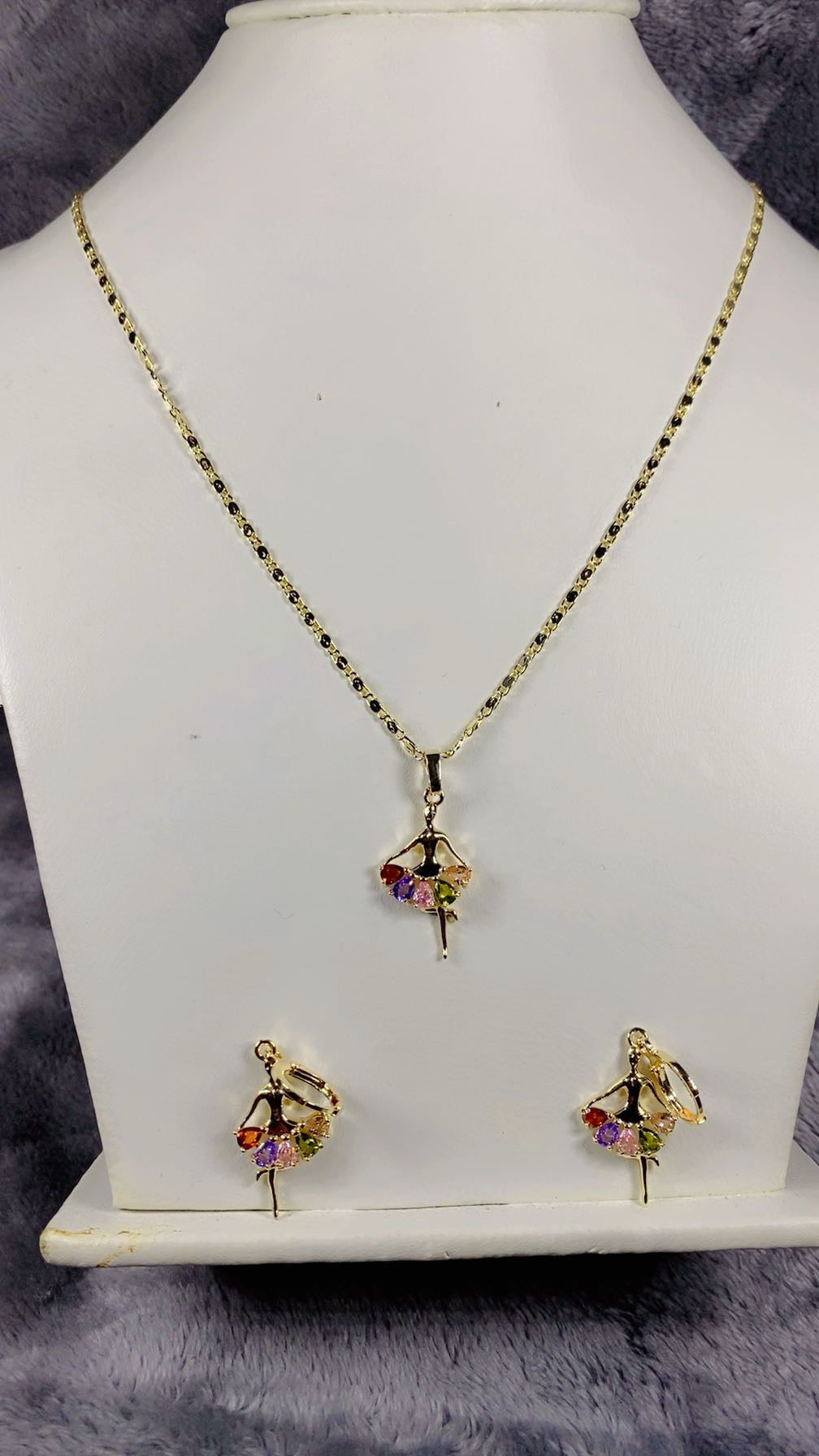 Gold-Plated Multi-Color Zircon Ballerina Pendant Necklace and Earring Set