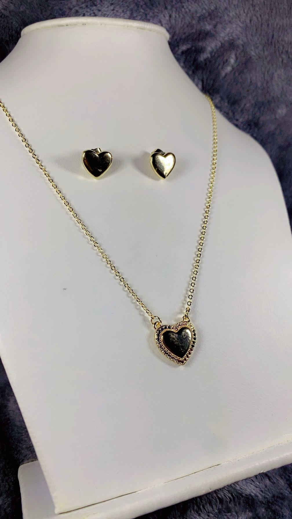 Rainbow Zircon Heart Pendant Necklace & Black Enamel Heart Stud Earrings Set
