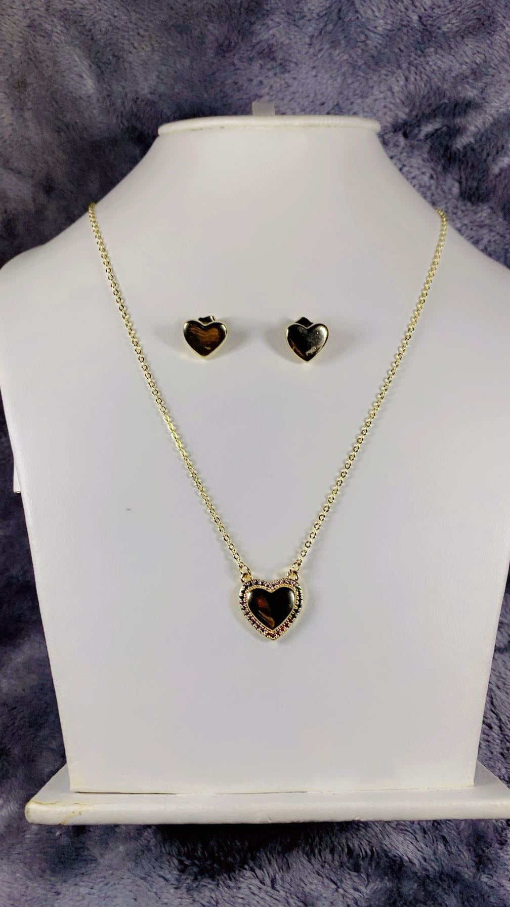 Rainbow Zircon Heart Pendant Necklace & Black Enamel Heart Stud Earrings Set