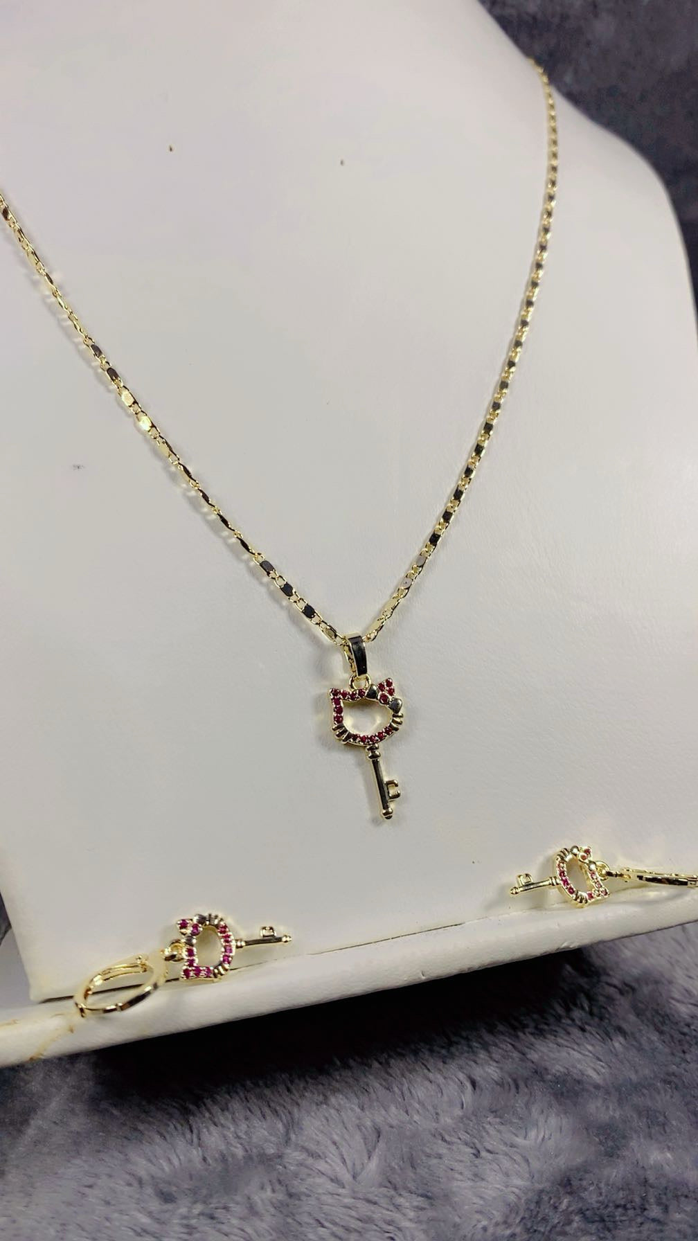 Ruby Zircon Kitty Cat Key Pendant Necklace & Matching Earrings Set