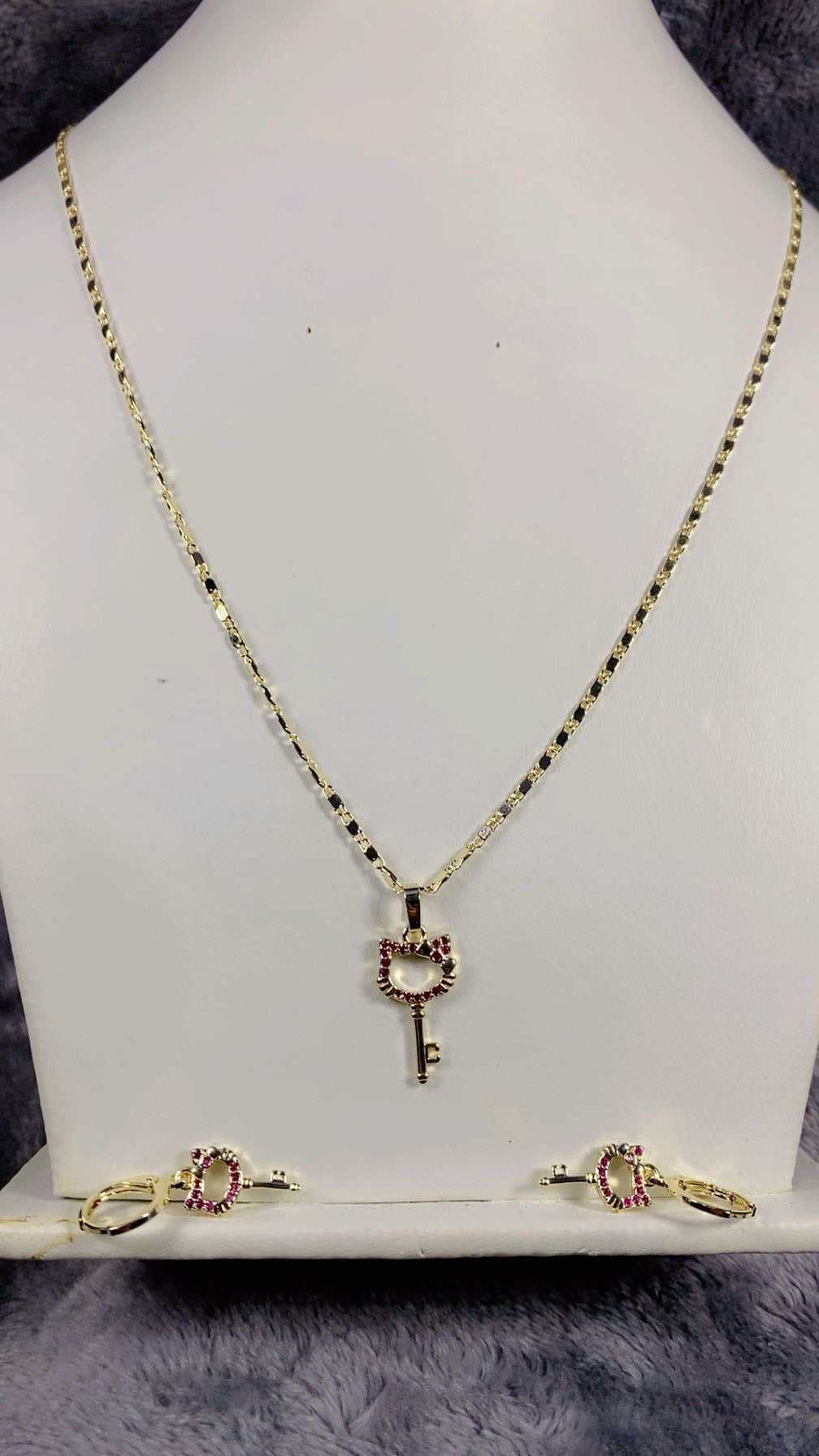 Ruby Zircon Kitty Cat Key Pendant Necklace & Matching Earrings Set