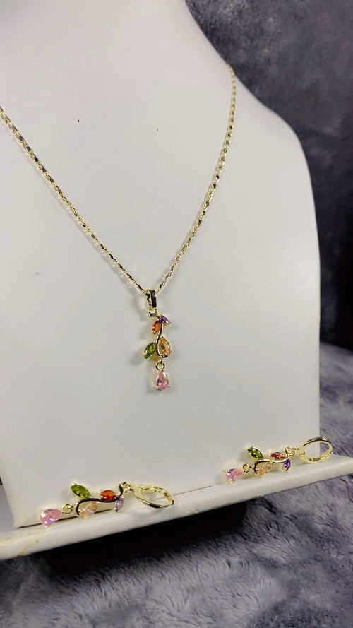 Colorful Multi-Stone Floral Vine Pendant Necklace & Matching Earrings Set