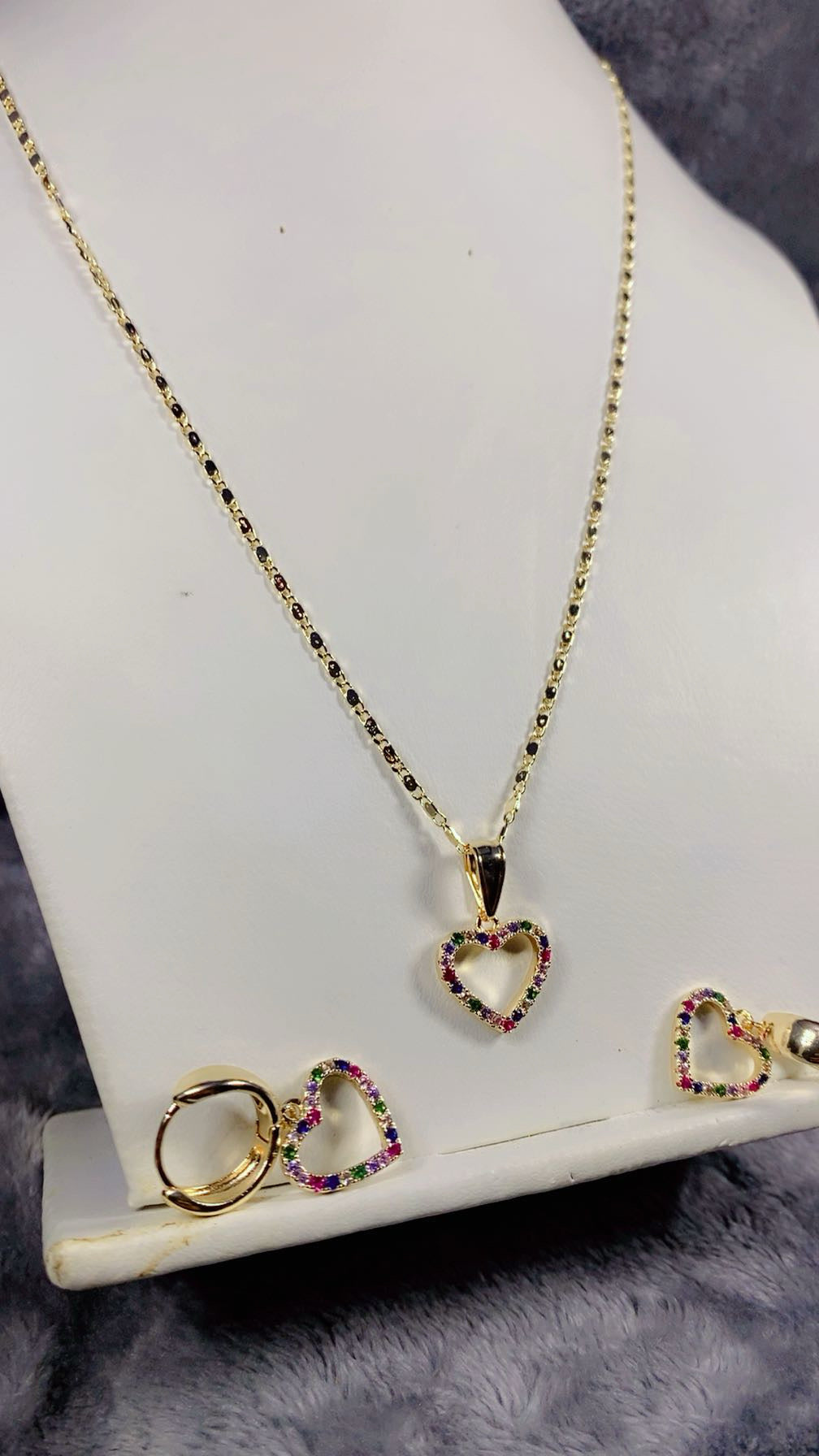 Gold-Plated Multi-Color Zircon Heart Huggie Earrings and Pendant Necklace Set