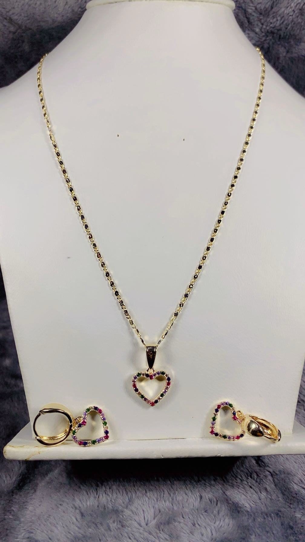 Gold-Plated Multi-Color Zircon Heart Huggie Earrings and Pendant Necklace Set