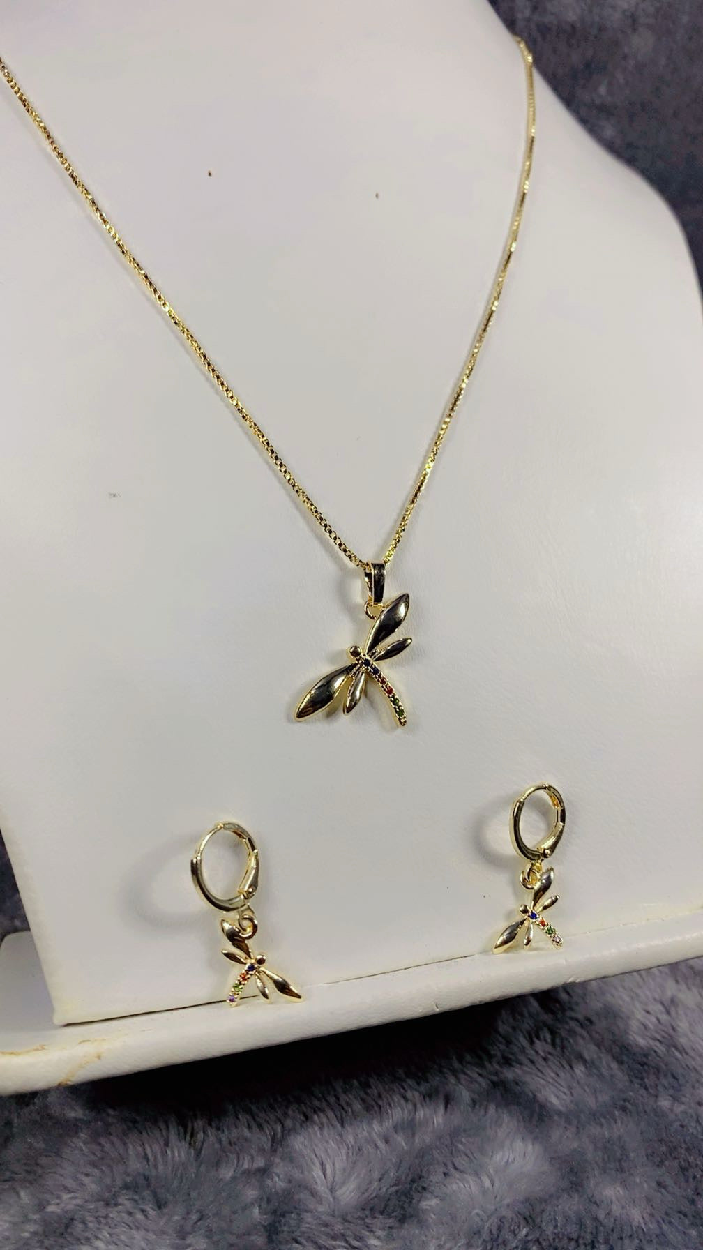 Rainbow Zircon Dragonfly Pendant Necklace & Matching Earrings Set