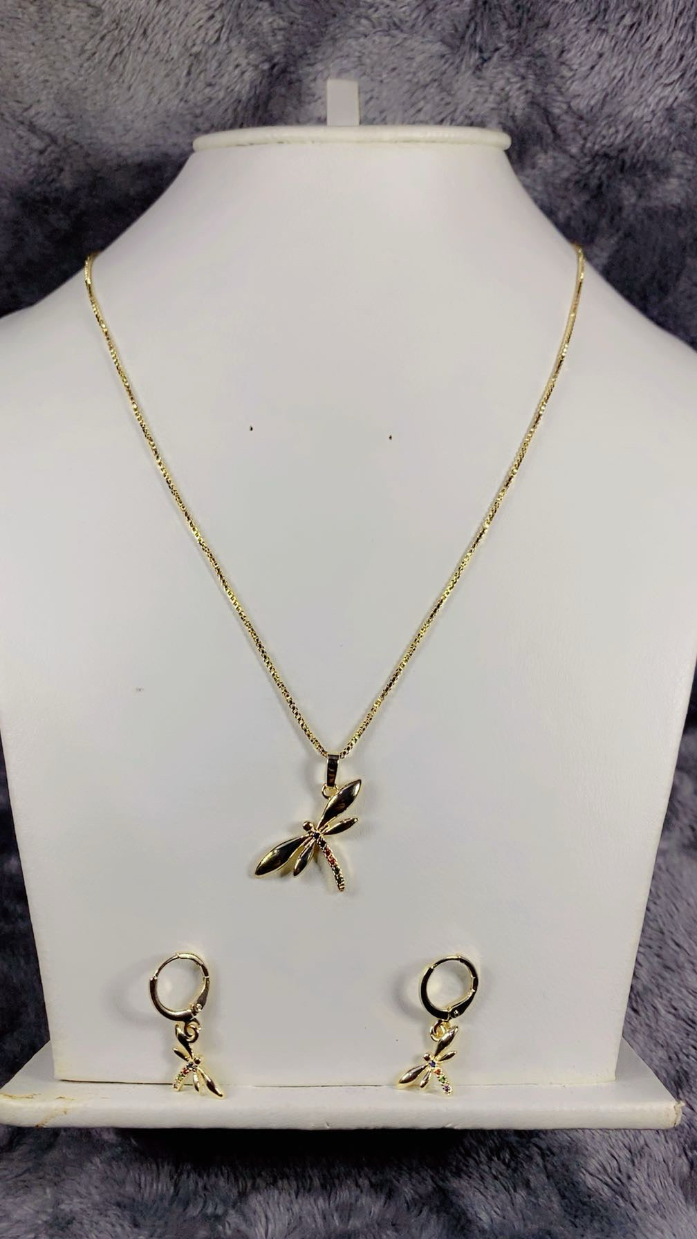 Rainbow Zircon Dragonfly Pendant Necklace & Matching Earrings Set