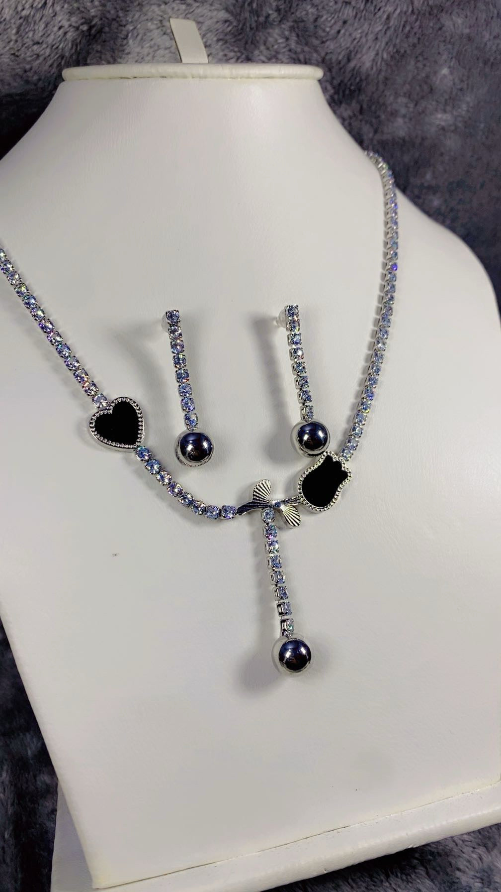 Silver-Plated Black Zircon Lariat Necklace and Ball Earring Set