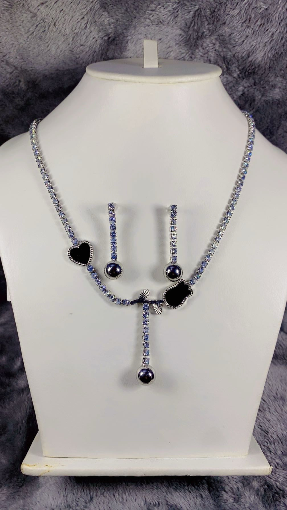 Silver-Plated Black Zircon Lariat Necklace and Ball Earring Set
