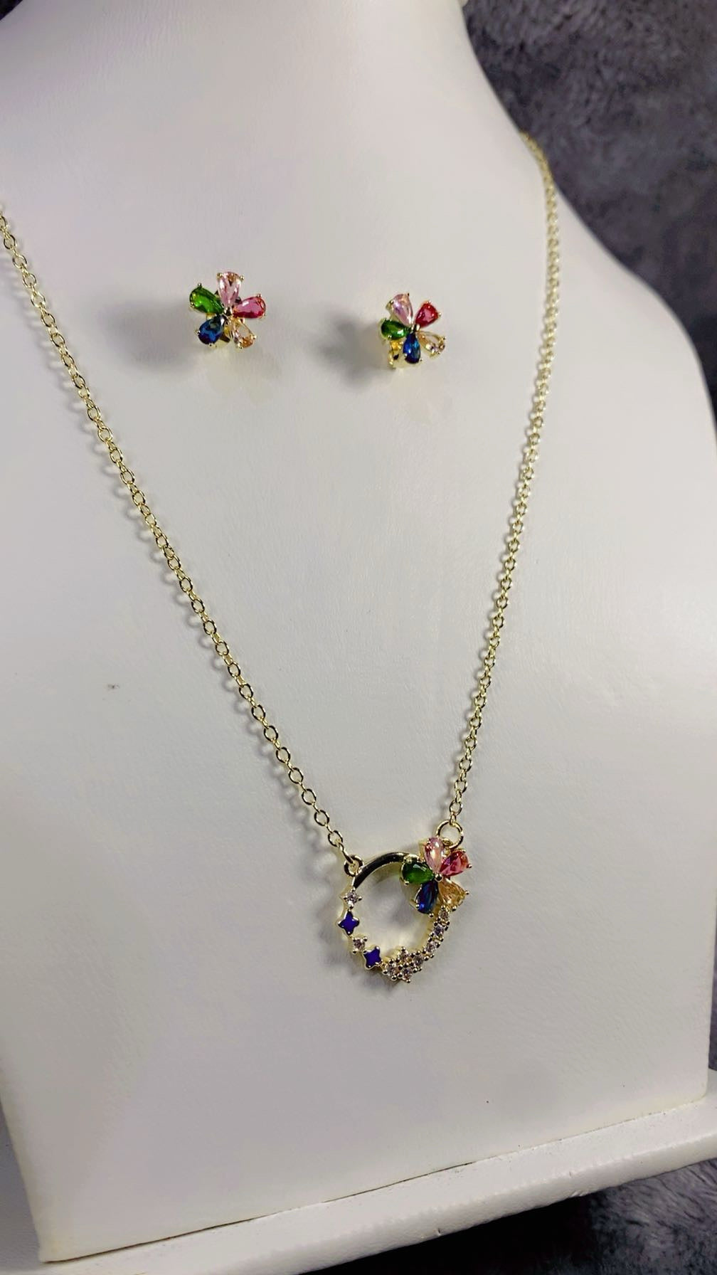 Blooming Floral Crystal Necklace & Earring Set 18K Gold Plated