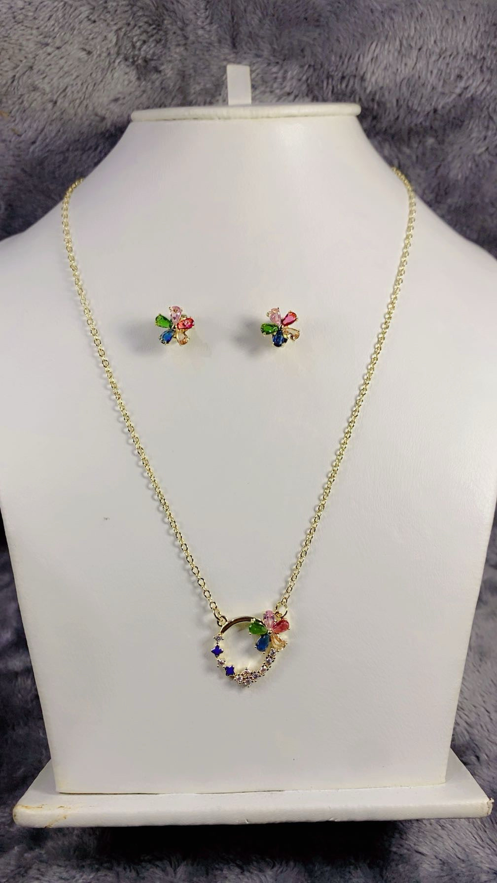 Blooming Floral Crystal Necklace & Earring Set 18K Gold Plated