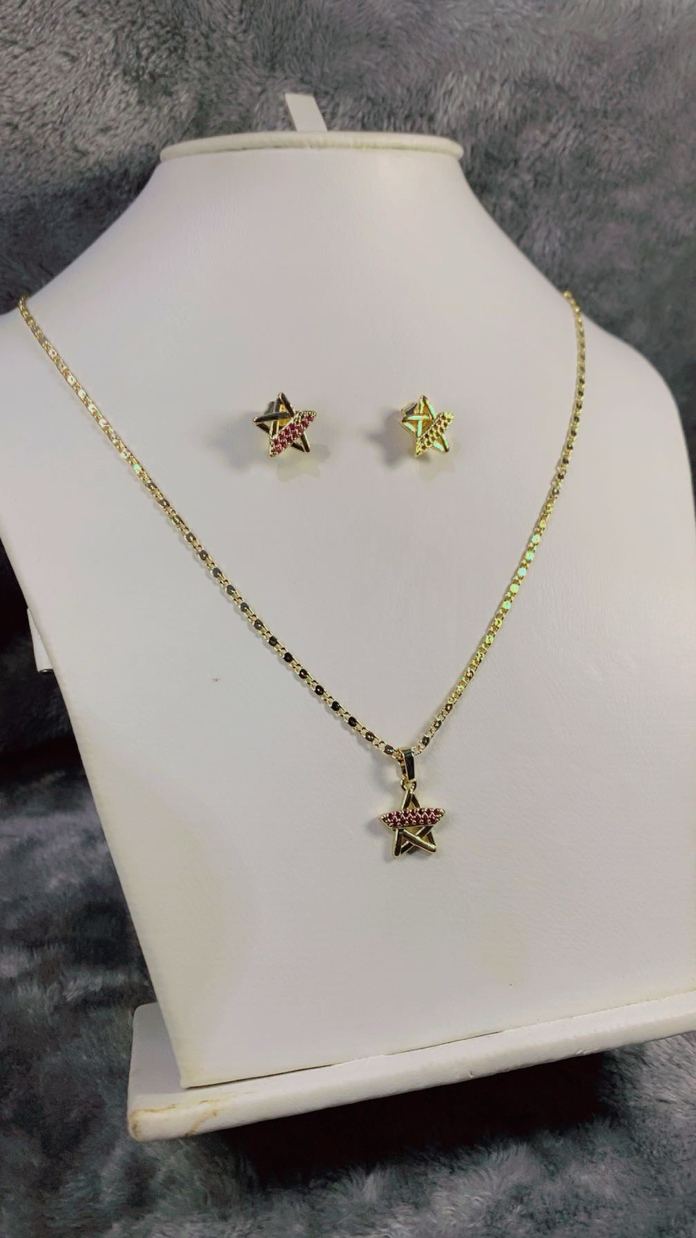 Ruby Pink Zircon Star Pendant Necklace & Stud Earrings Set