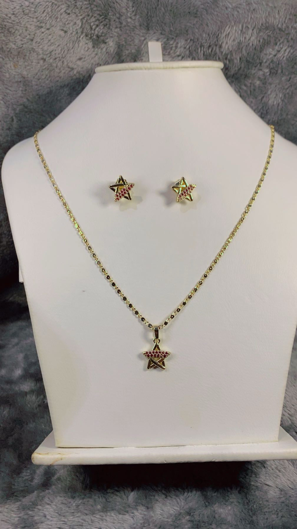 Ruby Pink Zircon Star Pendant Necklace & Stud Earrings Set