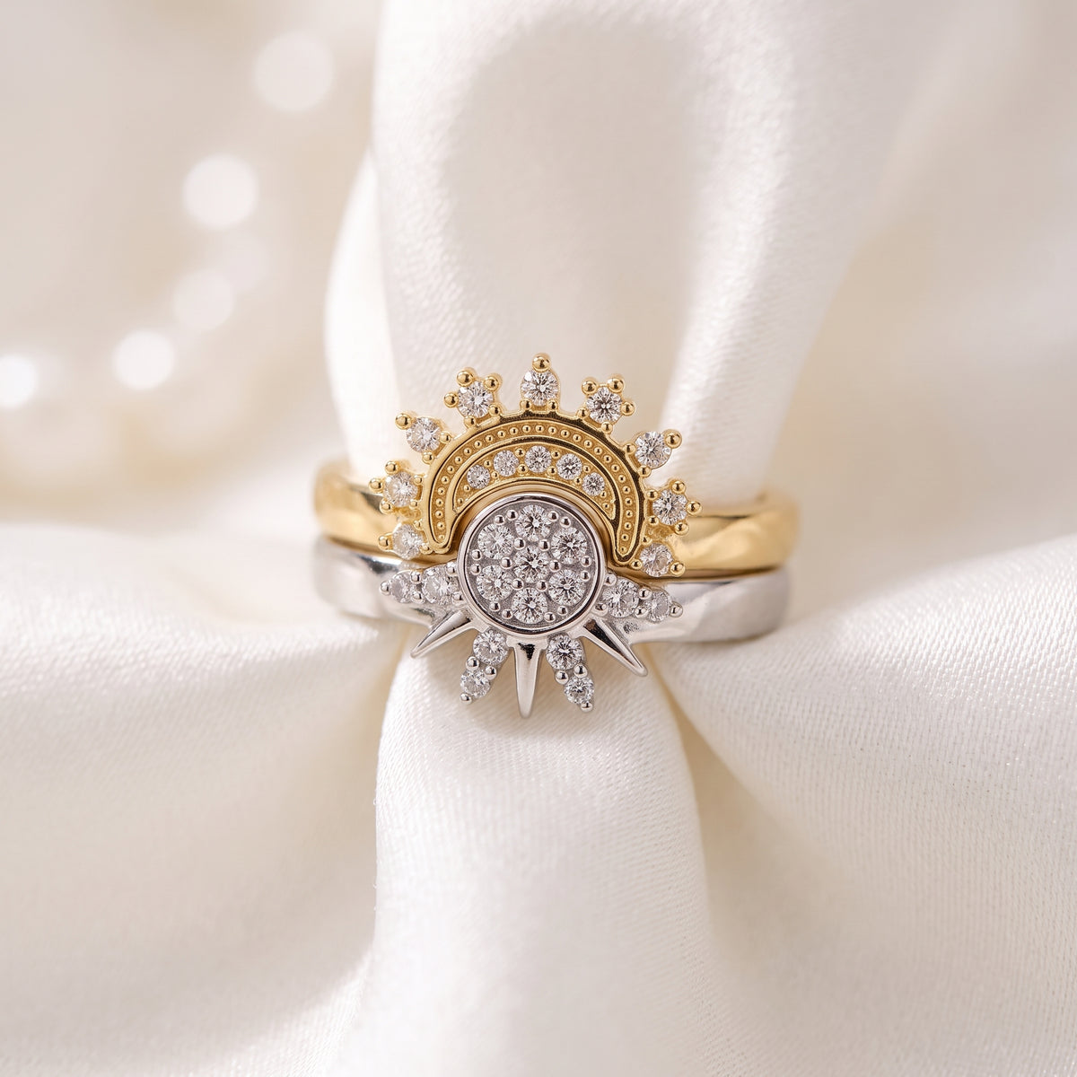 Two-Tone Celestial Sun and Moon Ring – Adjustable Stacking Band