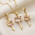 Ruby Zircon Kitty Cat Key Pendant Necklace & Matching Earrings Set