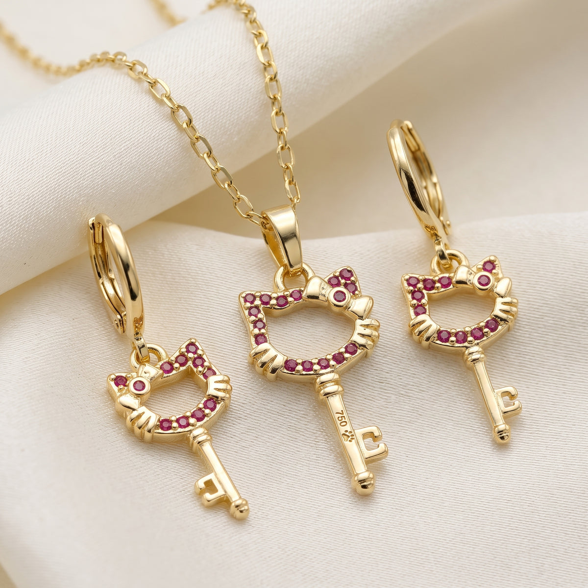 Ruby Zircon Kitty Cat Key Pendant Necklace & Matching Earrings Set