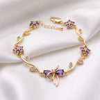 Elegant Purple Zircon Floral Vine & Bow Bracelet – 18K Gold Plated Adjustable Wrist Jewellery