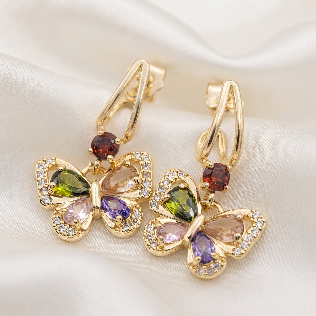 Multi-Color Zircon Crystal Butterfly Dangle Earrings – 18K Gold Plated Whimsical Jewellery