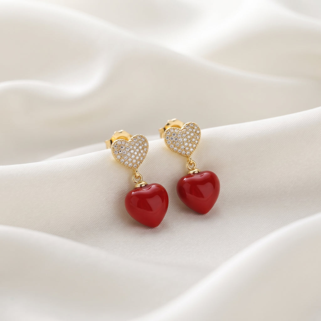 18K Gold Plated 3A Premium Zircon Sparkling Heart & Red Drop Earrings