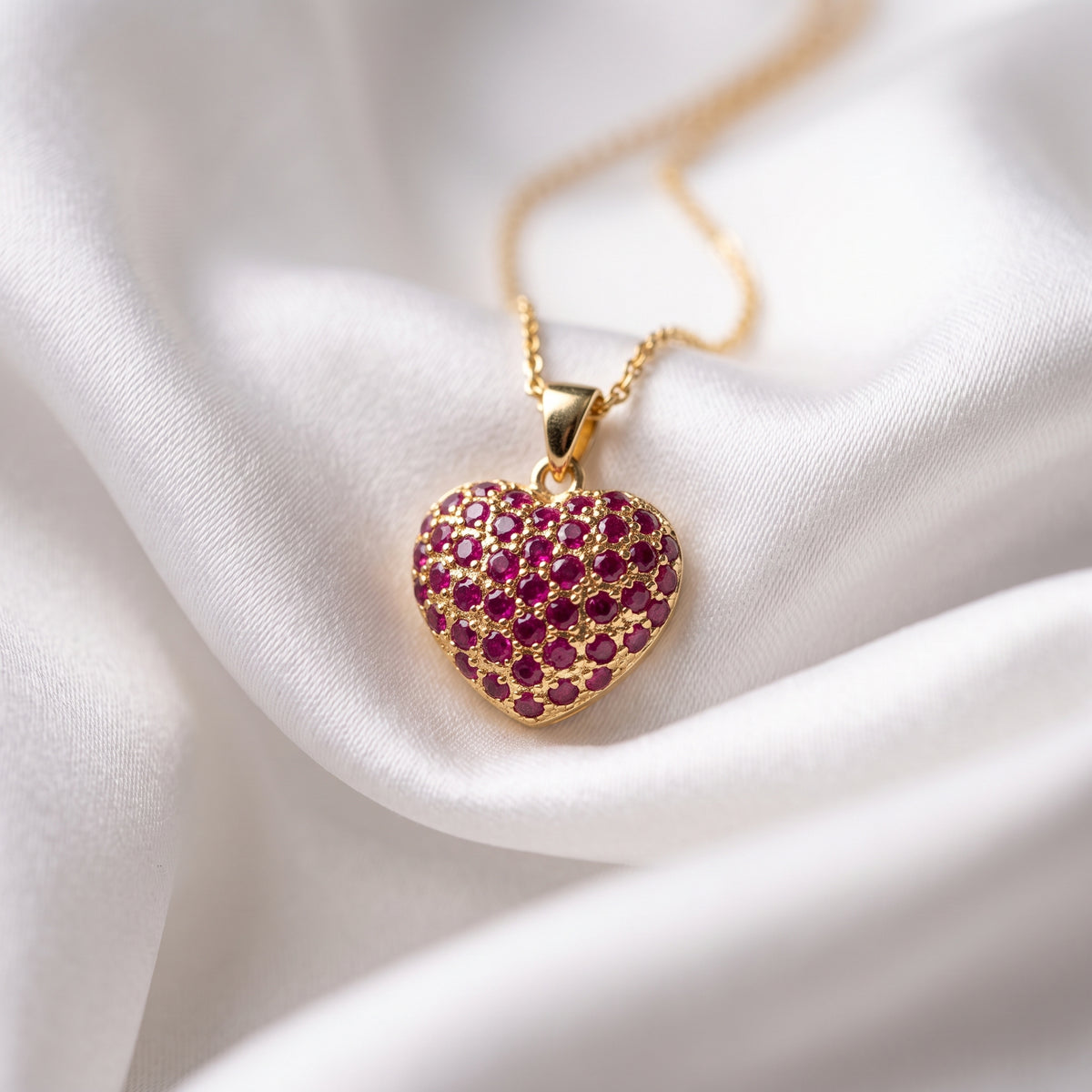 Ruby Red Puffed Heart Pendant Necklace – 18K Gold Plated Gemstone