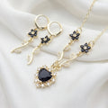 Gold-Plated Black Zircon Heart and Floral Vine Pendant Necklace and Earring Set