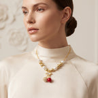 Sweet Double Cherry Crystal & Pearl Pendant Necklace – 18K Gold Plated Beaded Chain