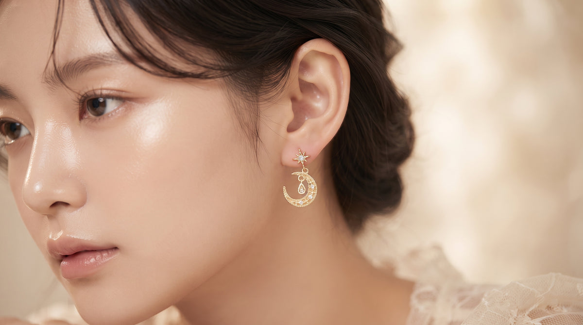 Celestial Star & Crescent Moon Pavé Dangle Earrings – 18K Gold Plated Drop Earrings