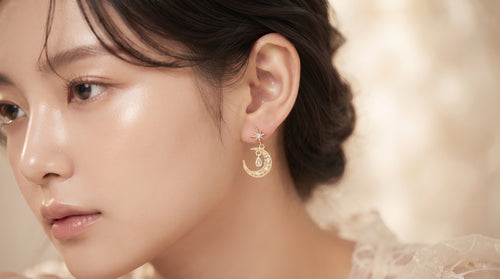 Celestial Star & Crescent Moon Pavé Dangle Earrings – 18K Gold Plated Drop Earrings